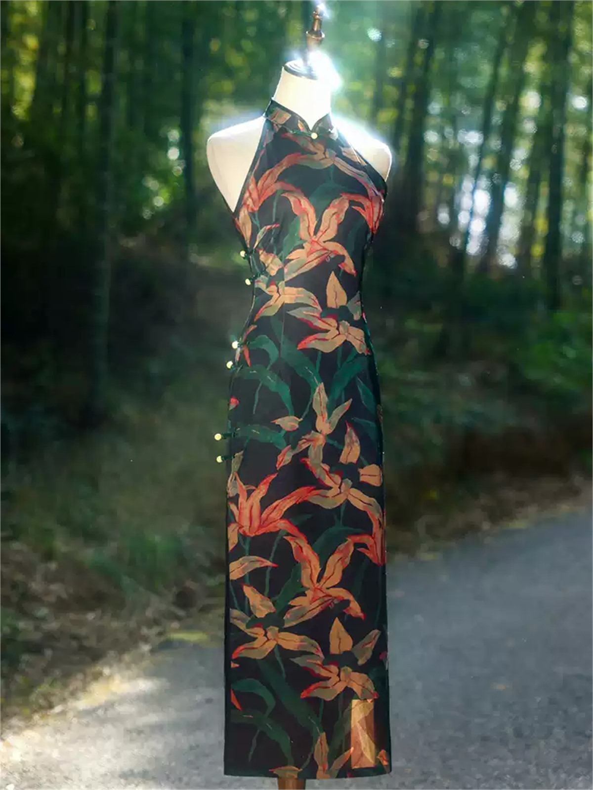 Yun Chan Botanical Print Halter Cheongsam