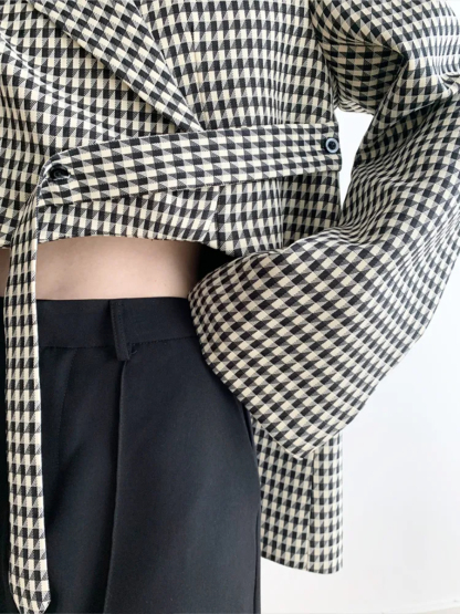 Leyna Houndstooth Asymmetric Cropped Front Blazer-The Black Bow-