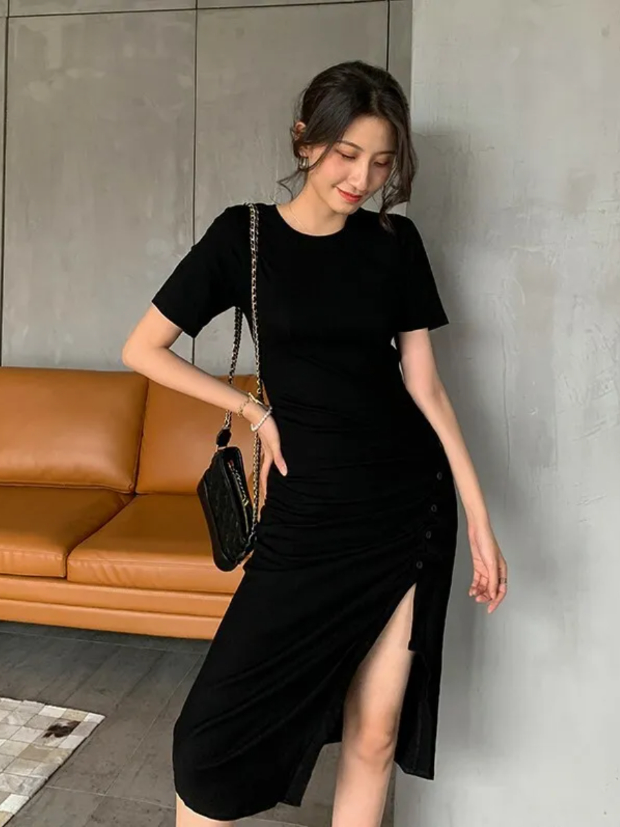 Gladyna Button Side Slit Dress-The Black Bow-