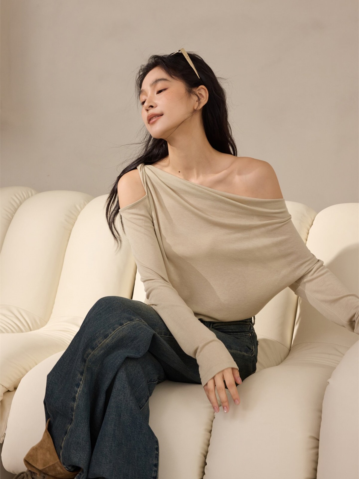 Hannah Asymmetric Draped Long-Sleeve Top