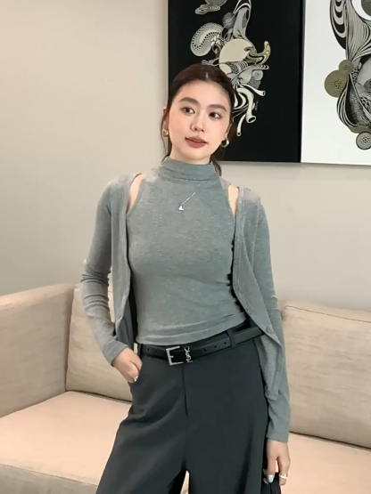 Mock-Neck Top & Cardigan Set
