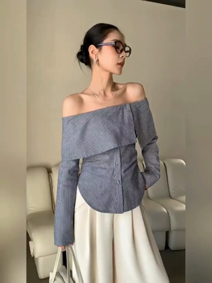 Xenobia Off Shoulder Stripe Cotton Shirt