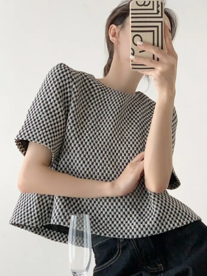 Lanaly Mid Sleeve Checked Top-The Black Bow-