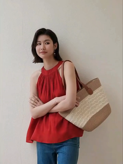 Ling Geng Back Ribbon Halter Neck Satin Top