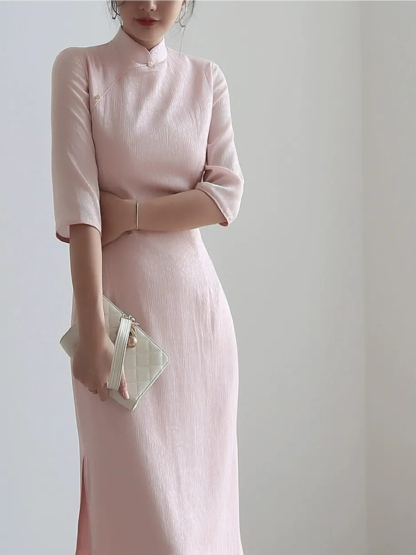 Na's Mandarin Collar Half Sleeve Cheongsam-The Black Bow-