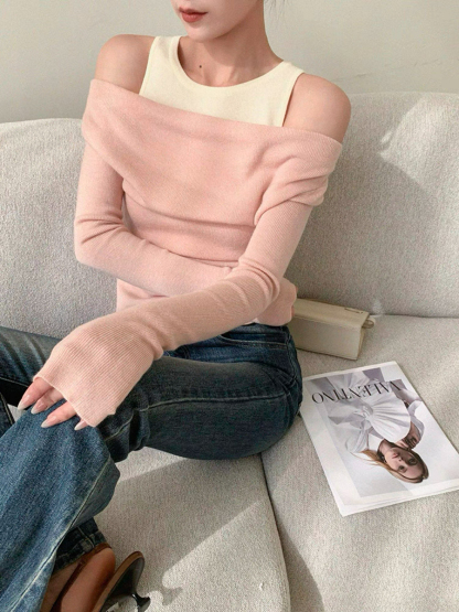 Xenay Colour Binding Fake Two Piece Knit Top