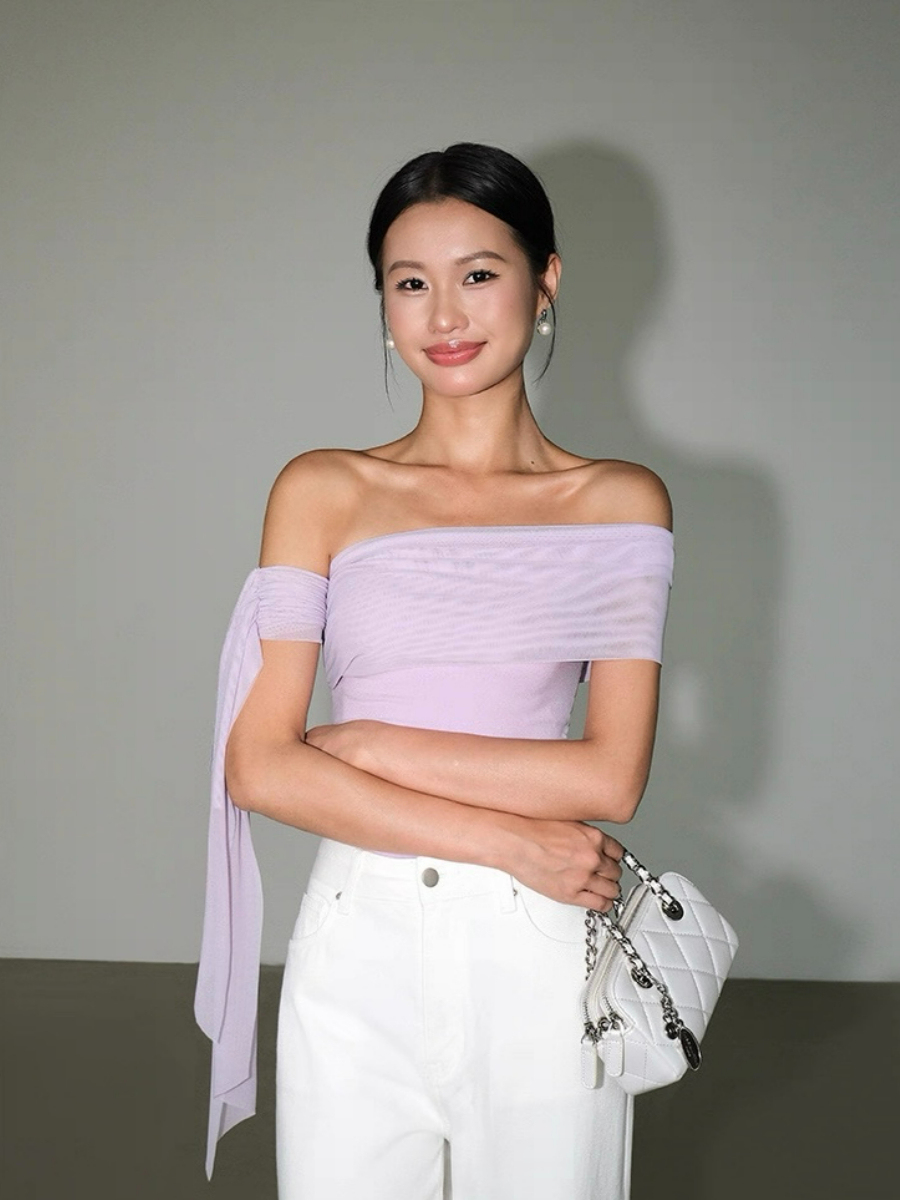 Alaina One Shoulder Top with Flowy Mesh Tie