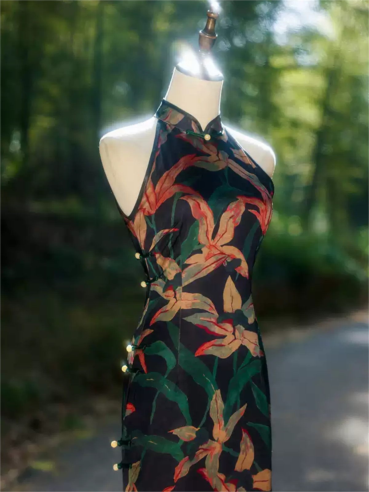Yun Chan Botanical Print Halter Cheongsam