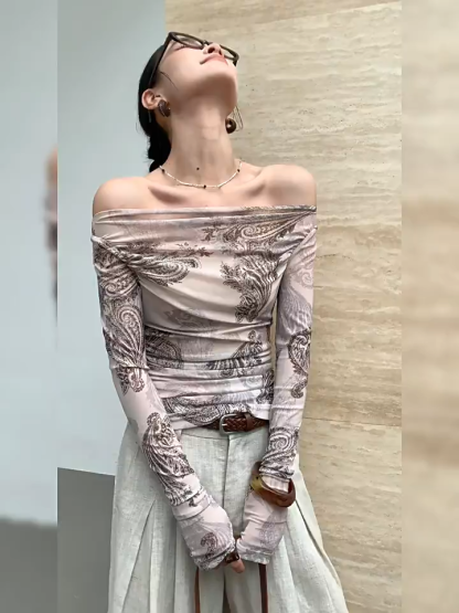 Marquise Feather Print Two Way Top (One/ Off Shoulder)