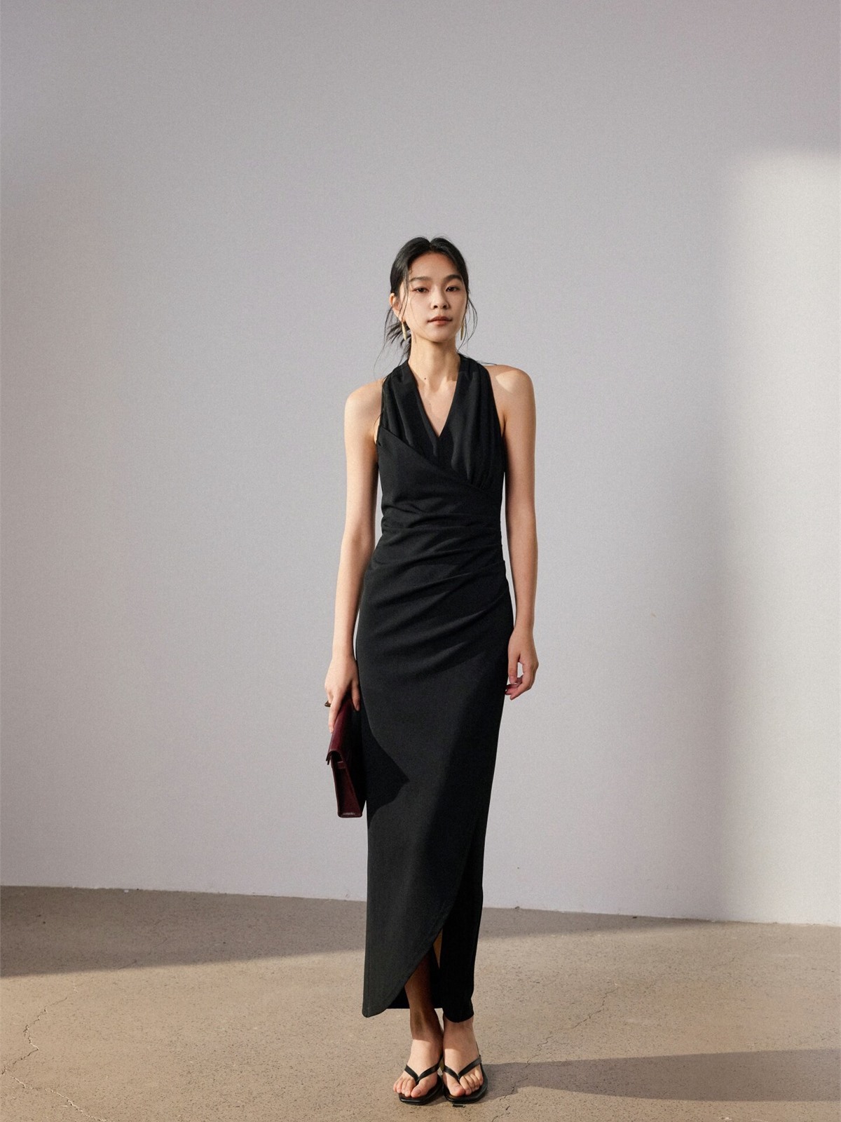 Hanne V-Collar High Slit Ruched Dress