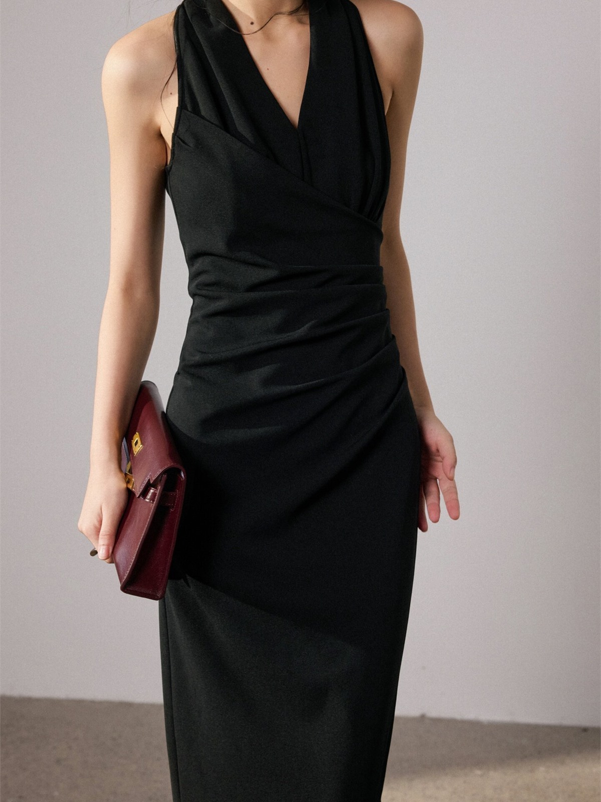 Hanne V-Collar High Slit Ruched Dress