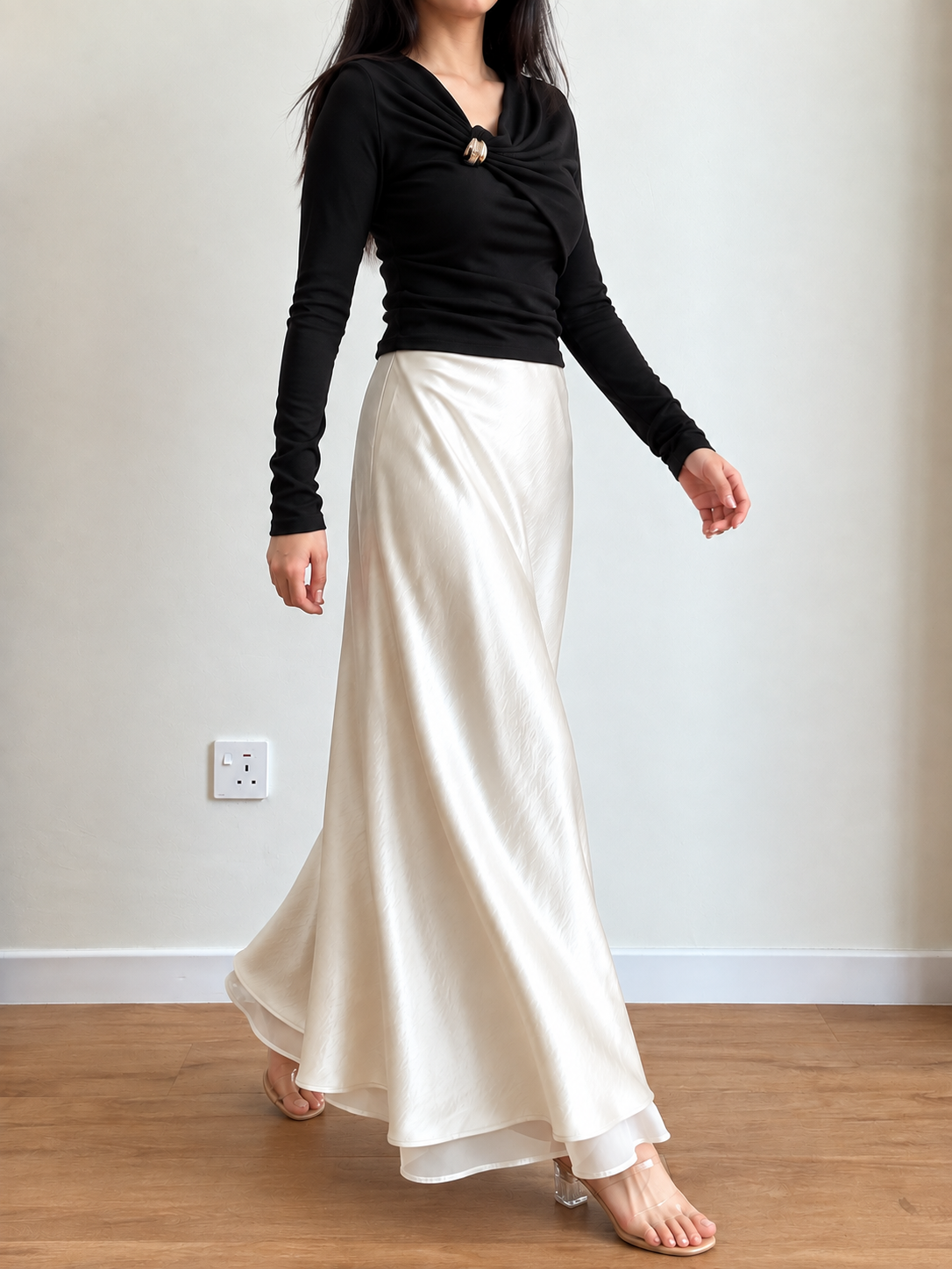 Gemma Sheer-Hem Layered Satin A-Line Maxi Skirt