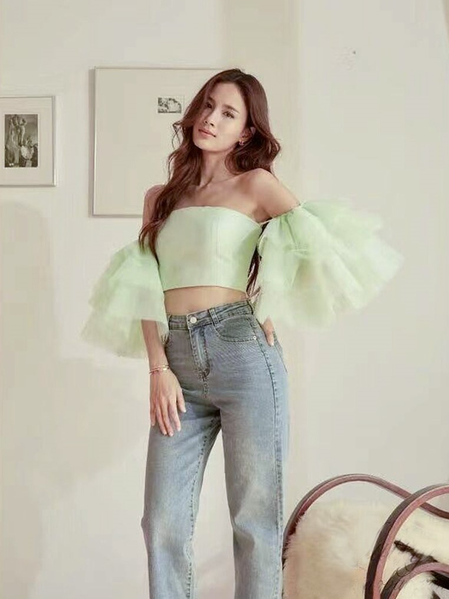 Tinsley Layered Mesh Sleeve Bustier Top-The Black Bow-