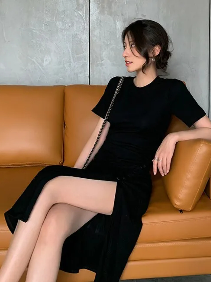 Gladyna Button Side Slit Dress-The Black Bow-