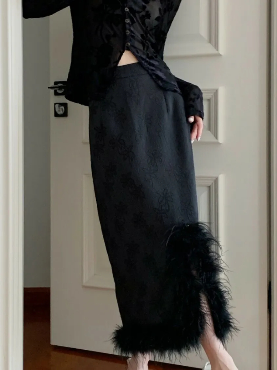 Ling Yun Feather Trim Jacquard Oriental Skirt-The Black Bow-