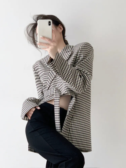 Leyna Houndstooth Asymmetric Cropped Front Blazer-The Black Bow-