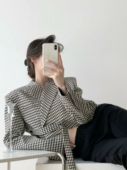 Leyna Houndstooth Asymmetric Cropped Front Blazer-The Black Bow-