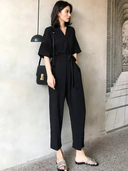 Natasha Front Wrap Belted Jumpsuits-The Black Bow-
