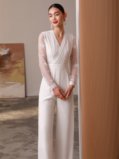 Celestial V-Collar Sheer Sleeve Lacey Jumpsuit-The Black Bow-