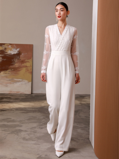 Celestial V-Collar Sheer Sleeve Lacey Jumpsuit-The Black Bow-