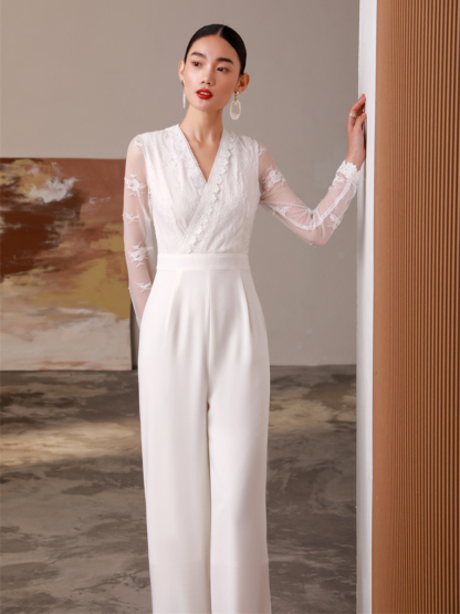 Celestial V-Collar Sheer Sleeve Lacey Jumpsuit-The Black Bow-