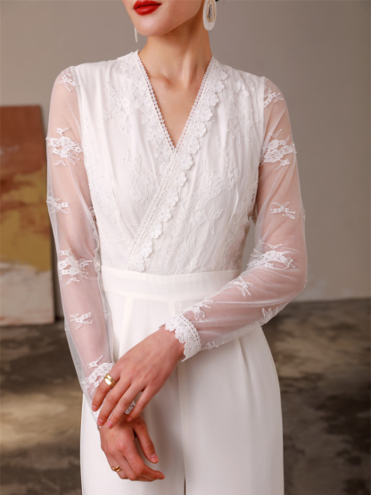 Celestial V-Collar Sheer Sleeve Lacey Jumpsuit-The Black Bow-