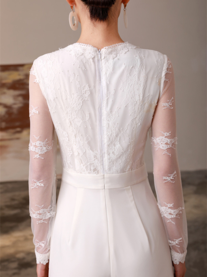 Celestial V-Collar Sheer Sleeve Lacey Jumpsuit-The Black Bow-