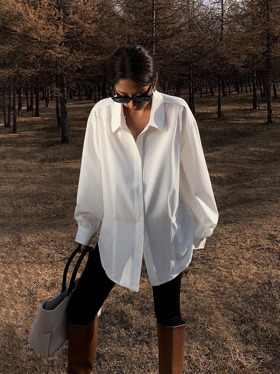 Las Vegas Single Pleat Drop Shoulder Plain Shirt (Discounted-S size)-The Black Bow-