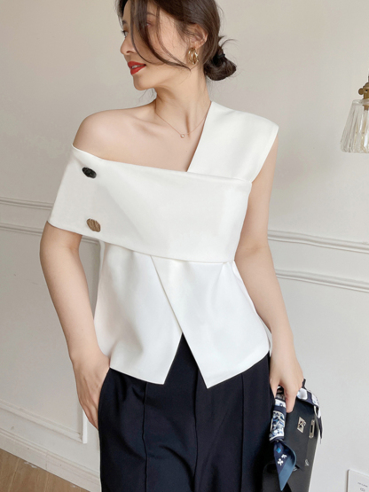 Louitta Asymmetrical Gold Button One Shoulder Top-The Black Bow-