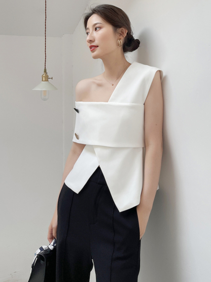 Louitta Asymmetrical Gold Button One Shoulder Top-The Black Bow-