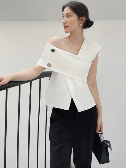 Louitta Asymmetrical Gold Button One Shoulder Top-The Black Bow-