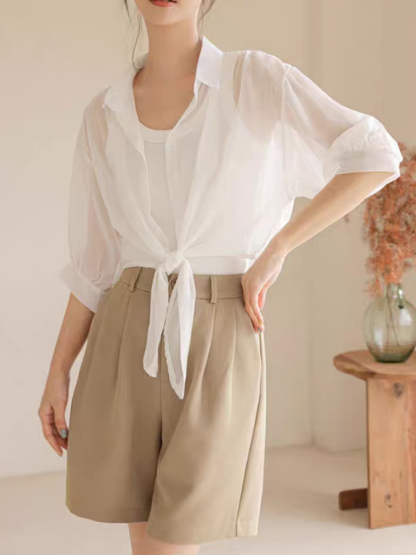 You Li Tie Up Sheer Chiffon Shirt -The Black Bow-