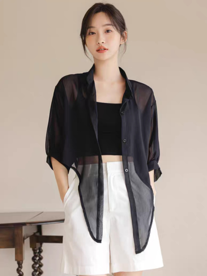 You Li Tie Up Sheer Chiffon Shirt -The Black Bow-