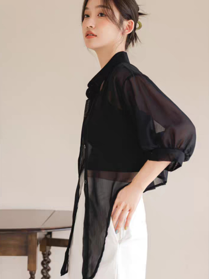 You Li Tie Up Sheer Chiffon Shirt -The Black Bow-
