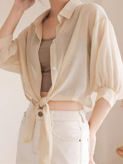 You Li Tie Up Sheer Chiffon Shirt -The Black Bow-