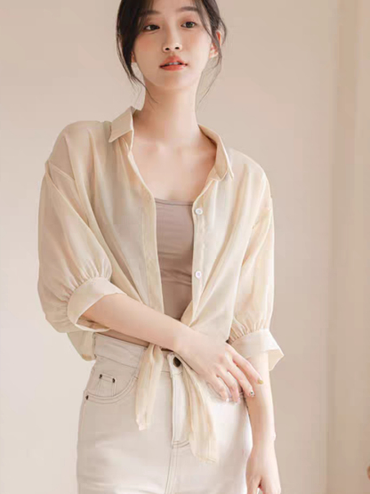 You Li Tie Up Sheer Chiffon Shirt -The Black Bow-