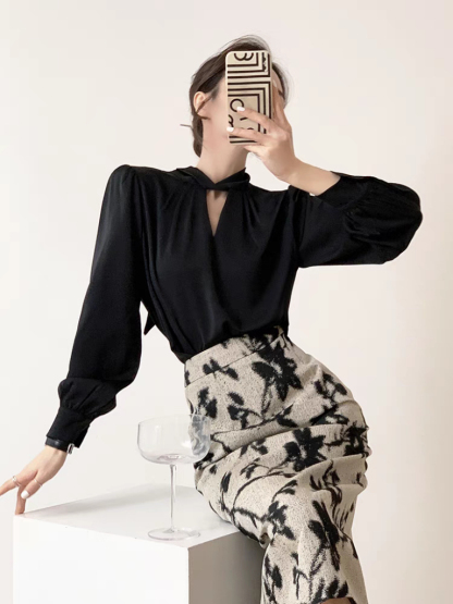Tacyn Satin Front Wrap Shirt -The Black Bow-