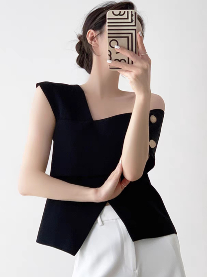 Louitta Asymmetrical Gold Button One Shoulder Top-The Black Bow-