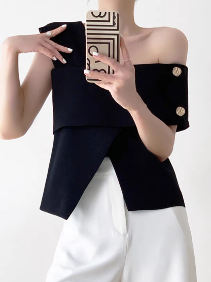 Louitta Asymmetrical Gold Button One Shoulder Top-The Black Bow-