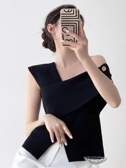 Louitta Asymmetrical Gold Button One Shoulder Top-The Black Bow-
