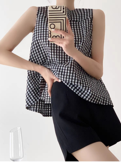 Tirya Checked Sleeveless Trapeze Top-The Black Bow-