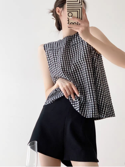 Tirya Checked Sleeveless Trapeze Top-The Black Bow-