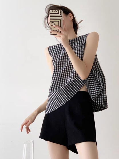 Tirya Checked Sleeveless Trapeze Top-The Black Bow-