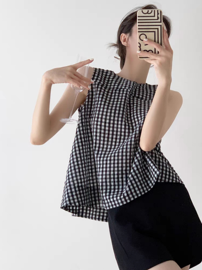Tirya Checked Sleeveless Trapeze Top-The Black Bow-