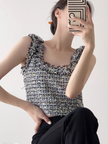 Tzipora Sleeveless Tweed Crop Top-The Black Bow-