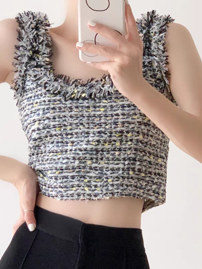 Tzipora Sleeveless Tweed Crop Top-The Black Bow-