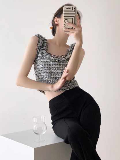 Tzipora Sleeveless Tweed Crop Top-The Black Bow-