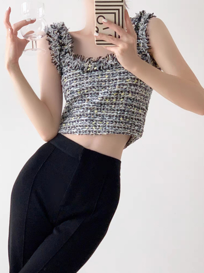 Tzipora Sleeveless Tweed Crop Top-The Black Bow-