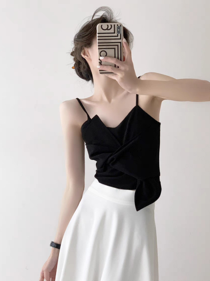 Tatey Asymmetrical Front Bow Cami Top-The Black Bow-