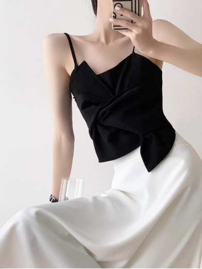 Tatey Asymmetrical Front Bow Cami Top-The Black Bow-